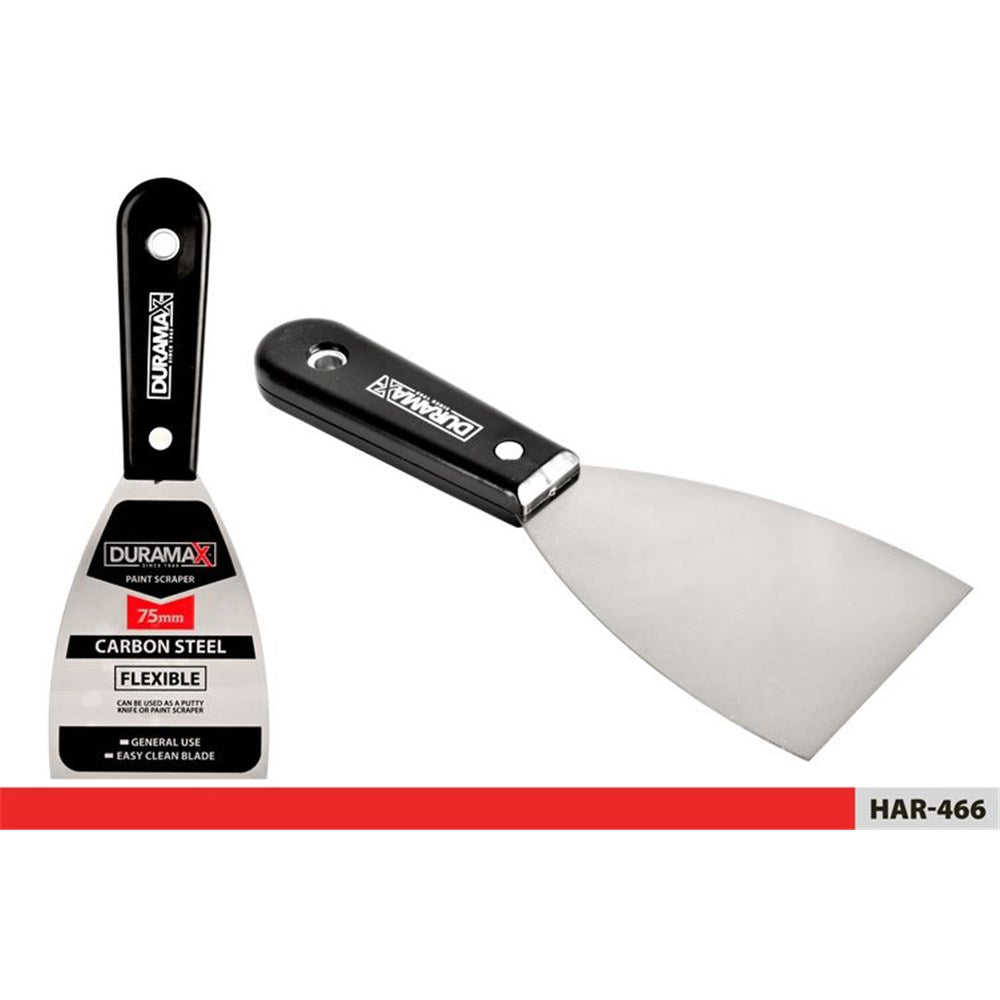 Black handle with hanging hole; Wide metal blade with flat edge; Label on blade showing brand and size; Flexible carbon steel blade;