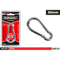 silver metal carabiner; 80mm size; chromium-vanadium steel; red and black branded packaging;