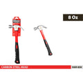 red and black ergonomic handle; carbon steel hammer head; claw on one side of head; compact 8oz size;