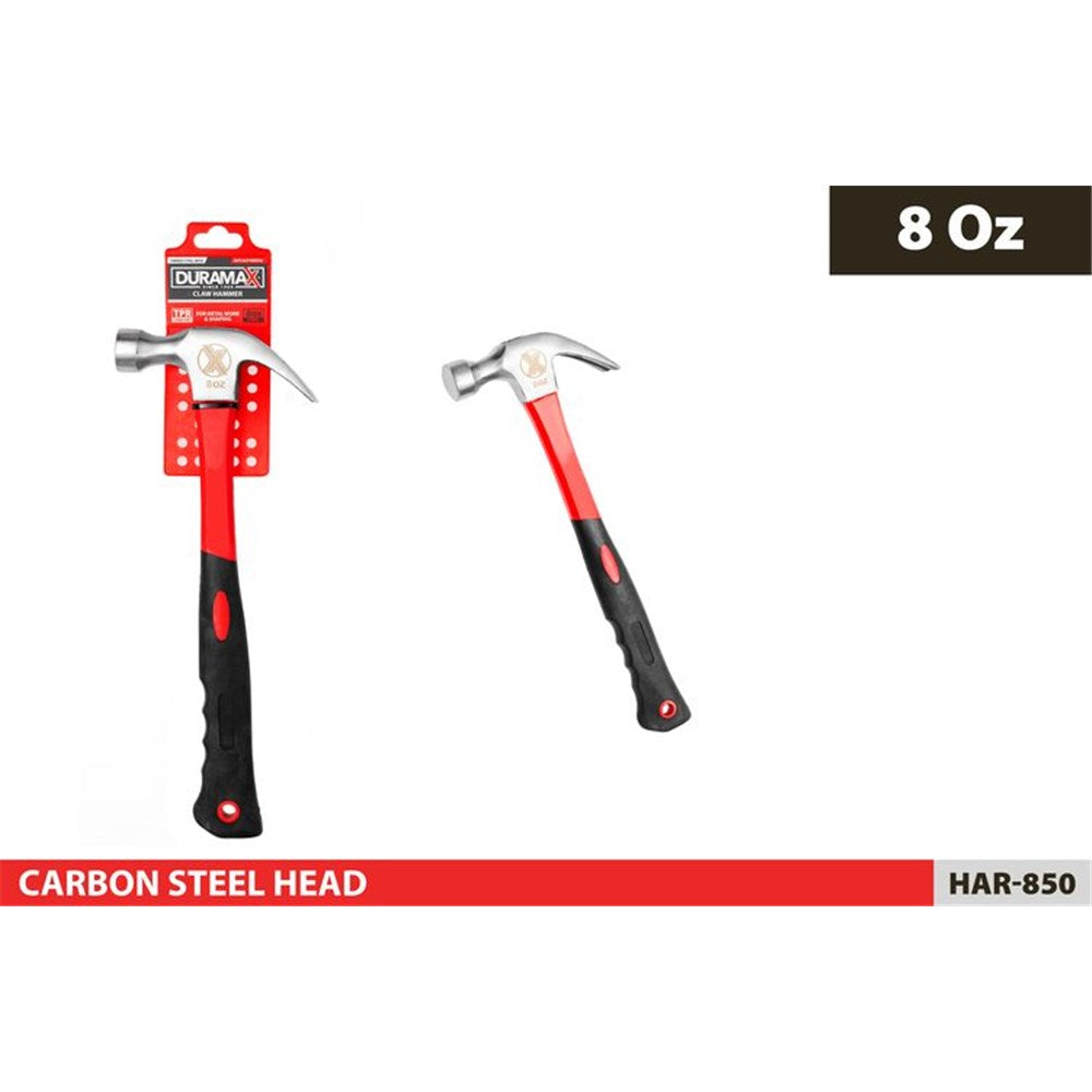 red and black ergonomic handle; carbon steel hammer head; claw on one side of head; compact 8oz size;
