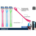 Pink, blue and green colours shown; Hand-shaped scratcher end; Spoon-shaped shoe horn end; Long plastic tool, approx. 48cm; Packaged in clear plastic with blue label;