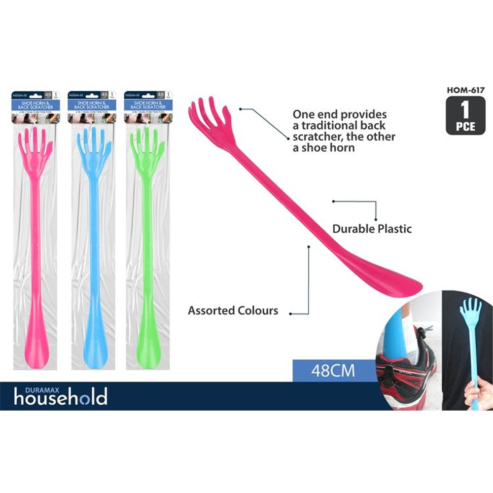 Pink, blue and green colours shown; Hand-shaped scratcher end; Spoon-shaped shoe horn end; Long plastic tool, approx. 48cm; Packaged in clear plastic with blue label;
