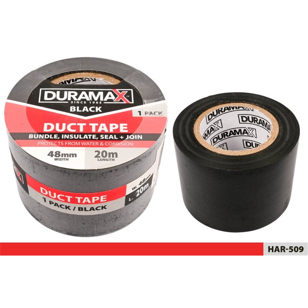 black coloured duct tape; roll format; 48mm width; printed cardboard label; 20 metre length indicated on label;