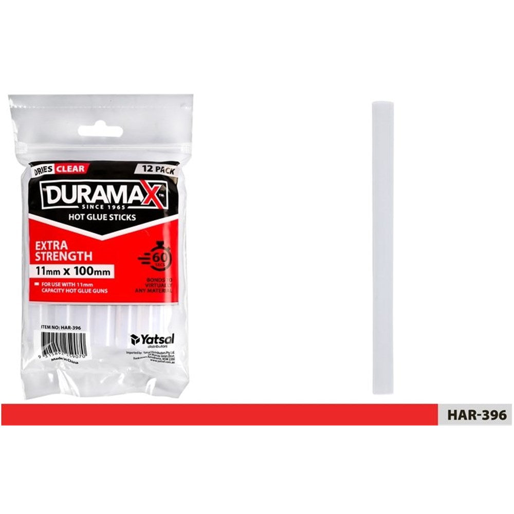 clear cylindrical glue sticks; 100mm length; 11mm diameter; plastic re-sealable pack; pack of 12 glue sticks;
