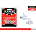 clear plastic material; metal pin inside each supporter; pack of 12; small cylindrical shape; packaging with red and black label;