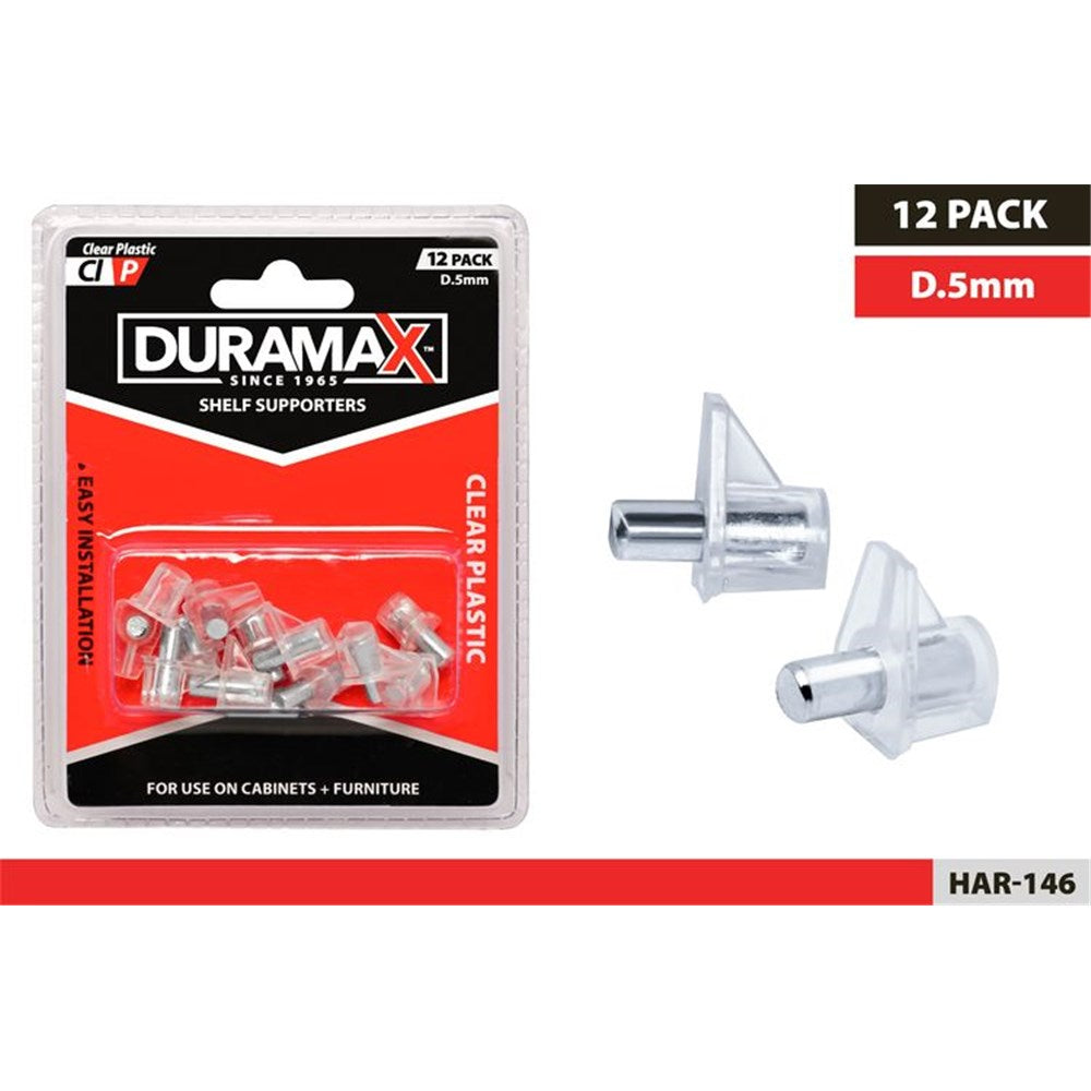 clear plastic material; metal pin inside each supporter; pack of 12; small cylindrical shape; packaging with red and black label;