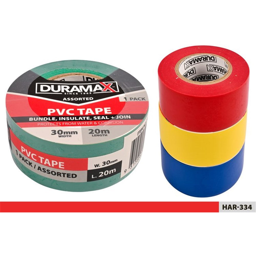 assorted colours: red, yellow, blue; 30mm width; 20 metre length; plastic PVC material; roll shape;