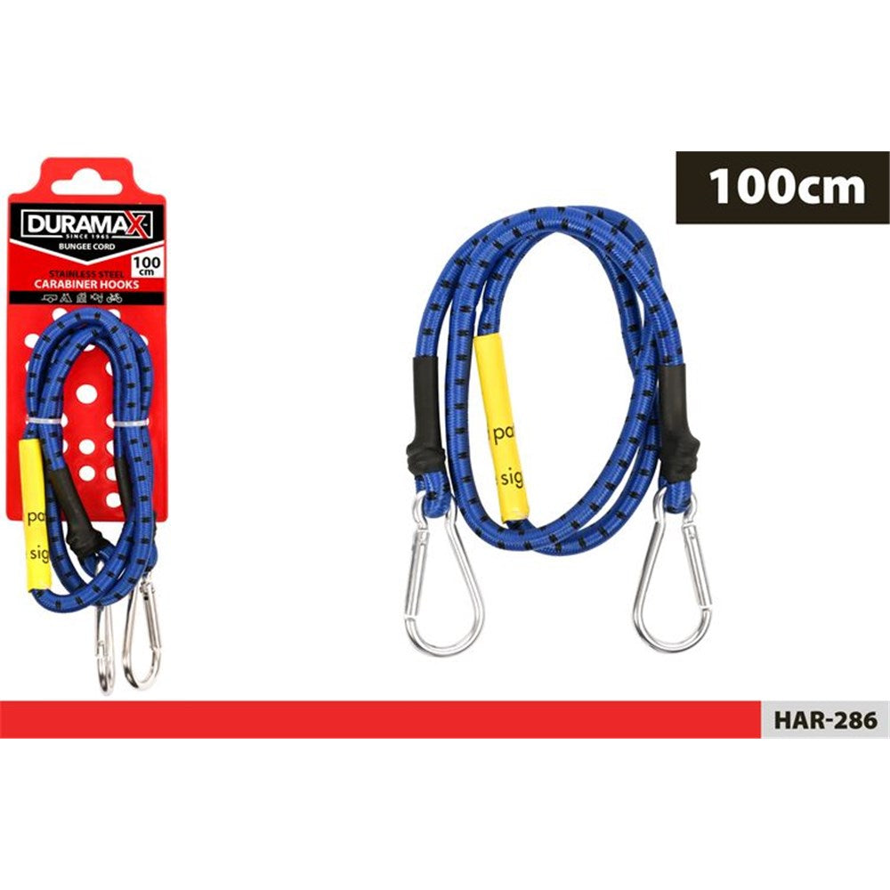 blue elastic cord with black pattern; stainless steel carabiner hooks at both ends; yellow label wrapped around cord; black plastic sleeve reinforcements at attachment points; packaged on red card backing;