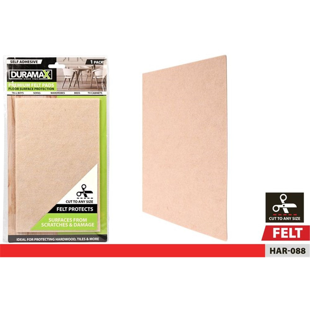 rectangular beige felt pad; self-adhesive backing; packaging with product views; cut to size symbol on packaging;