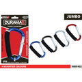 Assorted colours (blue, black, silver, red); Soft black grip padding on hook; Spring-loaded aluminium gate; Rectangular carabiner shape; Packaged with red and black backing card;