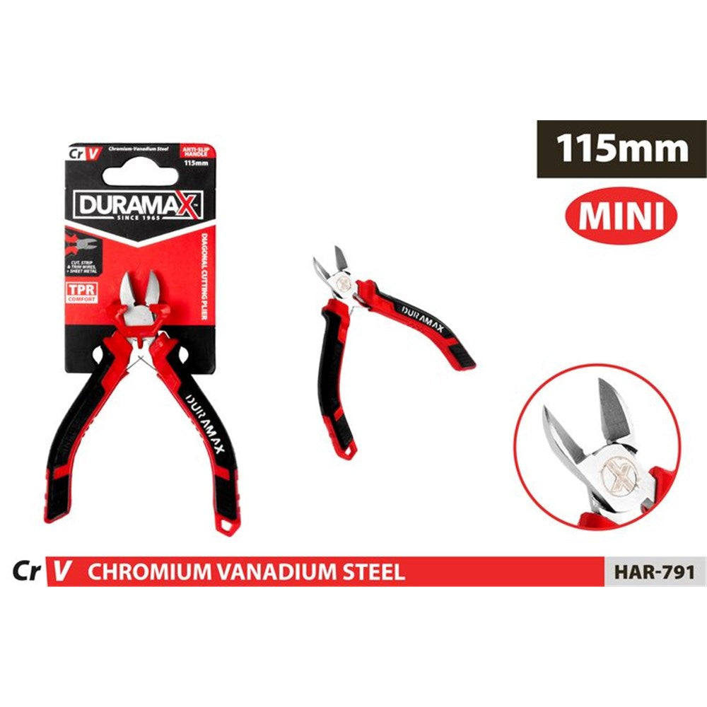 red and black anti-slip handles; chrome steel cutting blades; compact 115mm size; duramax branding on handle; retail blister packaging;