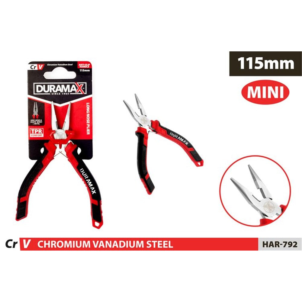 Red and black ergonomic handles; Duramax branding on handles; Metallic long nose plier tip; 115mm length indicated on packaging;