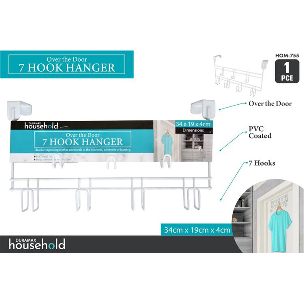 white metal 7 hook hanger; PVC coated finish; fits over door; compact size 34x19x4cm; flat rectangular frame;