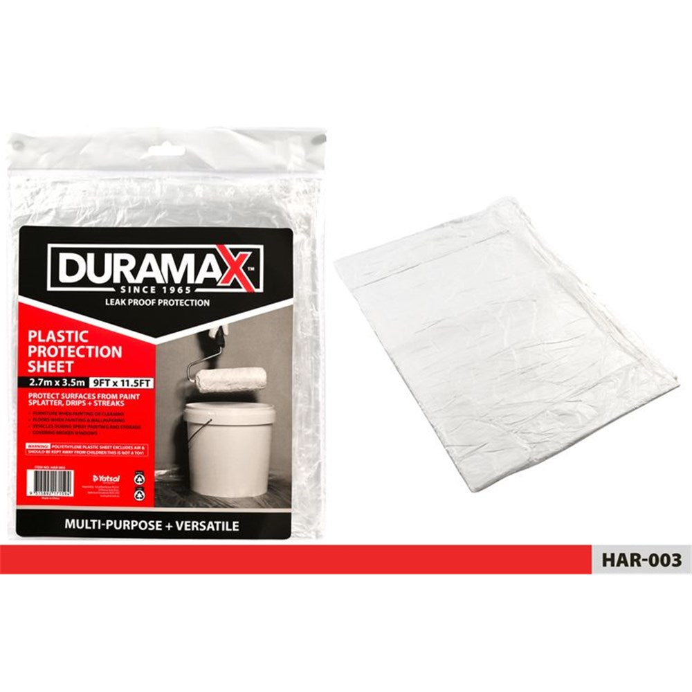 clear plastic sheet; packaged with black and red Duramax branding; plastic material; rectangular folded sheet; product size labelled 9ft x 11.5ft;