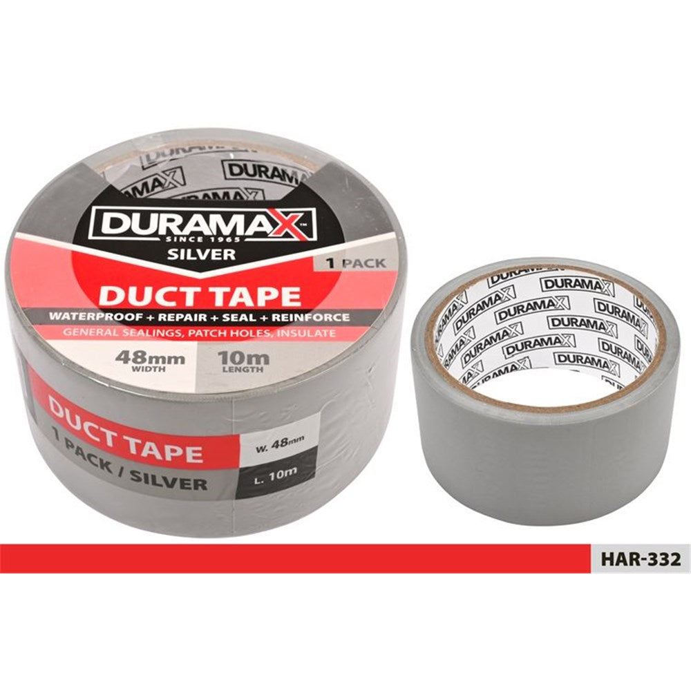 silver coloured tape; 48mm width; 10 metre length; cylindrical roll shape; packaging with red and black label;