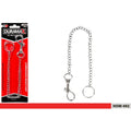 silver metal keyring and chain; snaphook clip attached to chain; packaged on red and black card; chain length approx 28cm;