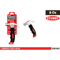 black and red ergonomic grip handle; silver carbon steel hammer head; claw hammer design; packaged on red card backing; compact stubby hammer size;