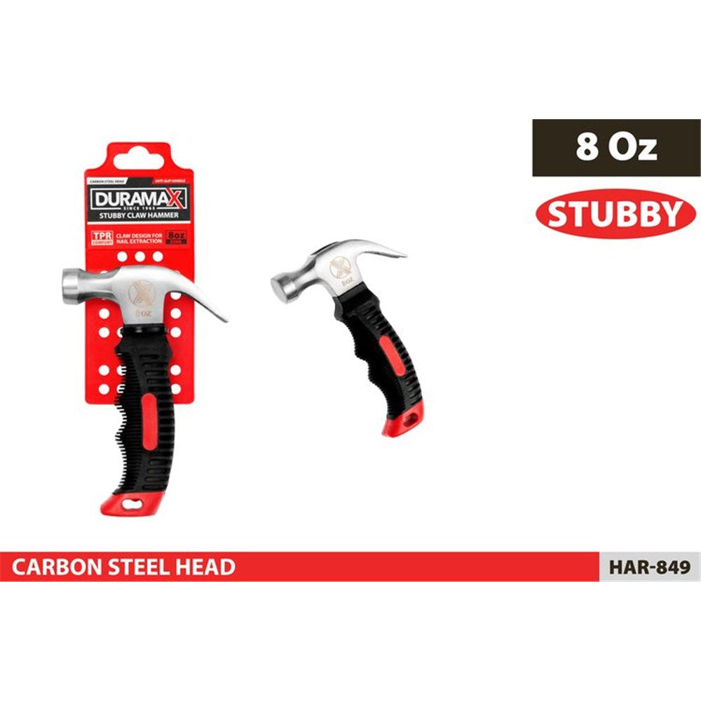 black and red ergonomic grip handle; silver carbon steel hammer head; claw hammer design; packaged on red card backing; compact stubby hammer size;