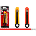 Yellow plastic body with black slider and end ring; 16mm visible blade; Spring-loaded retractable blade; Compact rectangular shape; Packaged with red and black branding card;