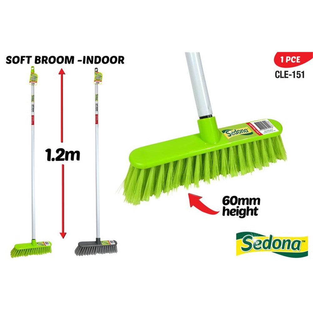 green broom head with soft plastic bristles; white handle; broom length 1.2m; 60mm bristle height; packaging label with Sedona branding;