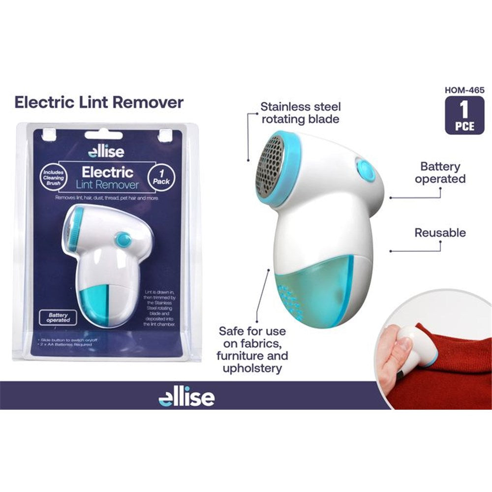 white and light blue plastic body; stainless steel perforated blade cover; compact handheld design; packaged with a cleaning brush; battery compartment visible;