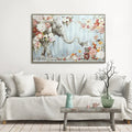 Elephant artwork with floral accents; Rectangular frame; Soft pastel colour palette; Dimensions approximately 120x80x3.7cm;