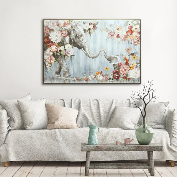 Elephant artwork with floral accents; Rectangular frame; Soft pastel colour palette; Dimensions approximately 120x80x3.7cm;