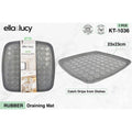 grey rubber drainer mat; square shape; circular raised grip patterns; packaged with label; dishwasher safe symbol;
