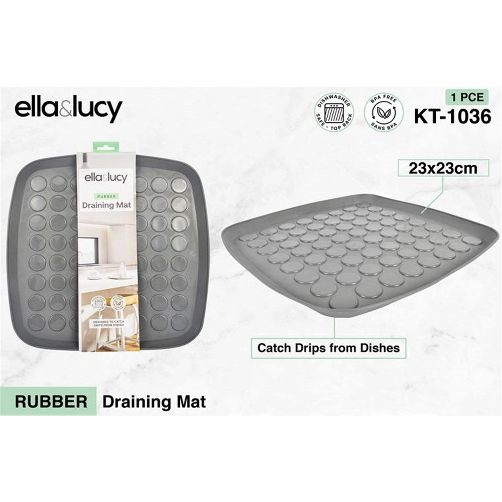 grey rubber drainer mat; square shape; circular raised grip patterns; packaged with label; dishwasher safe symbol;