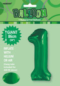 emerald green colour; number 1 shaped balloon; foil material; 34 inch / 86 cm size; packaging with Balloon logo;