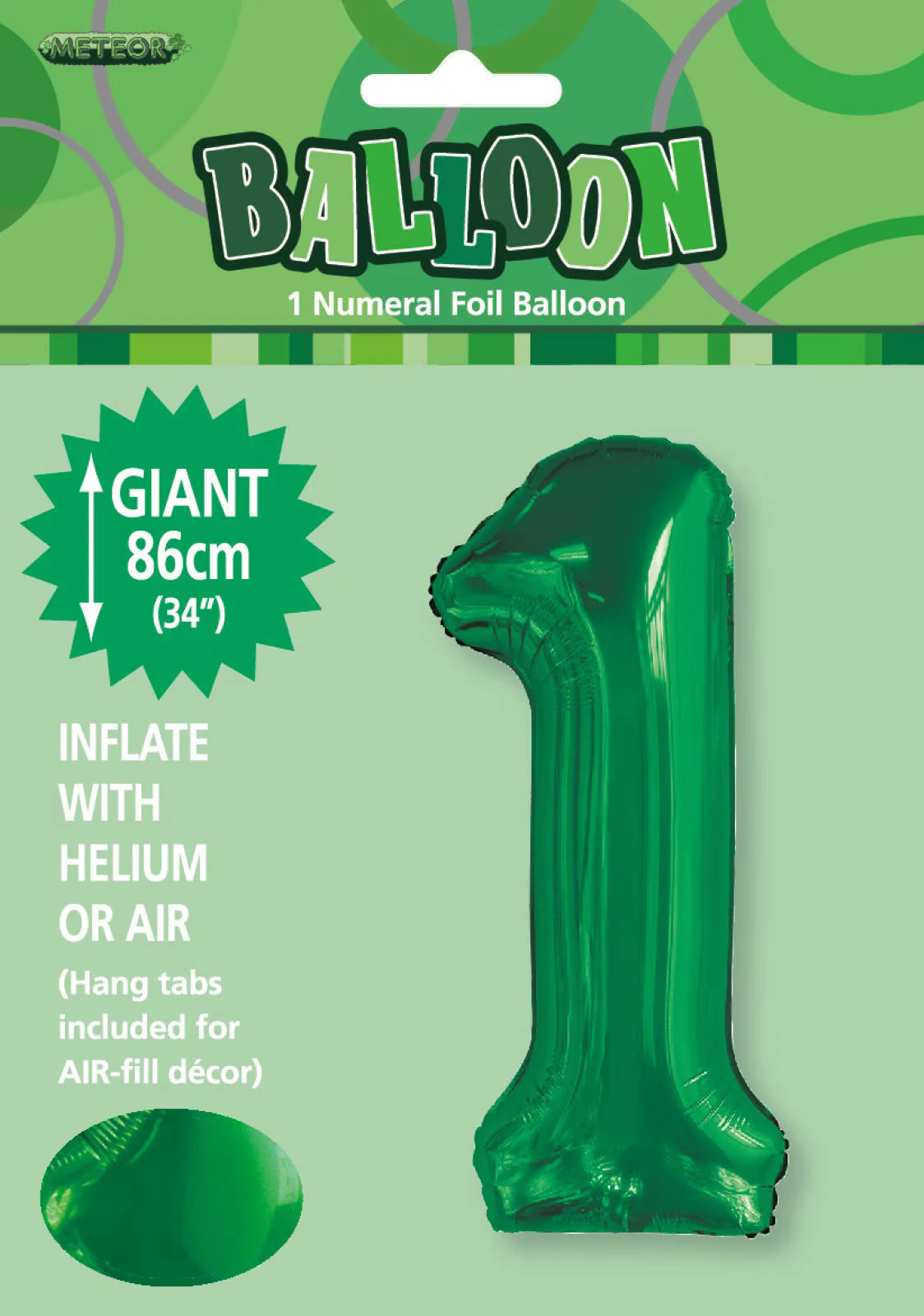 emerald green colour; number 1 shaped balloon; foil material; 34 inch / 86 cm size; packaging with Balloon logo;