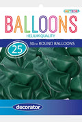 emerald green colour; round shape; latex material; pack of 25 balloons; packaging labelled 'decorator' and 'helium quality';