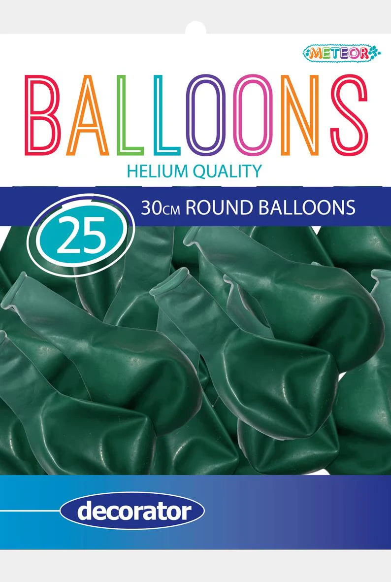 emerald green colour; round shape; latex material; pack of 25 balloons; packaging labelled 'decorator' and 'helium quality';