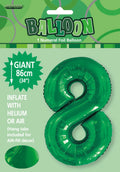 green foil number 8 shape; shiny metallic finish; packaging includes balloon with hanger tabs; large balloon size indicated as 86cm or 34 inches;
