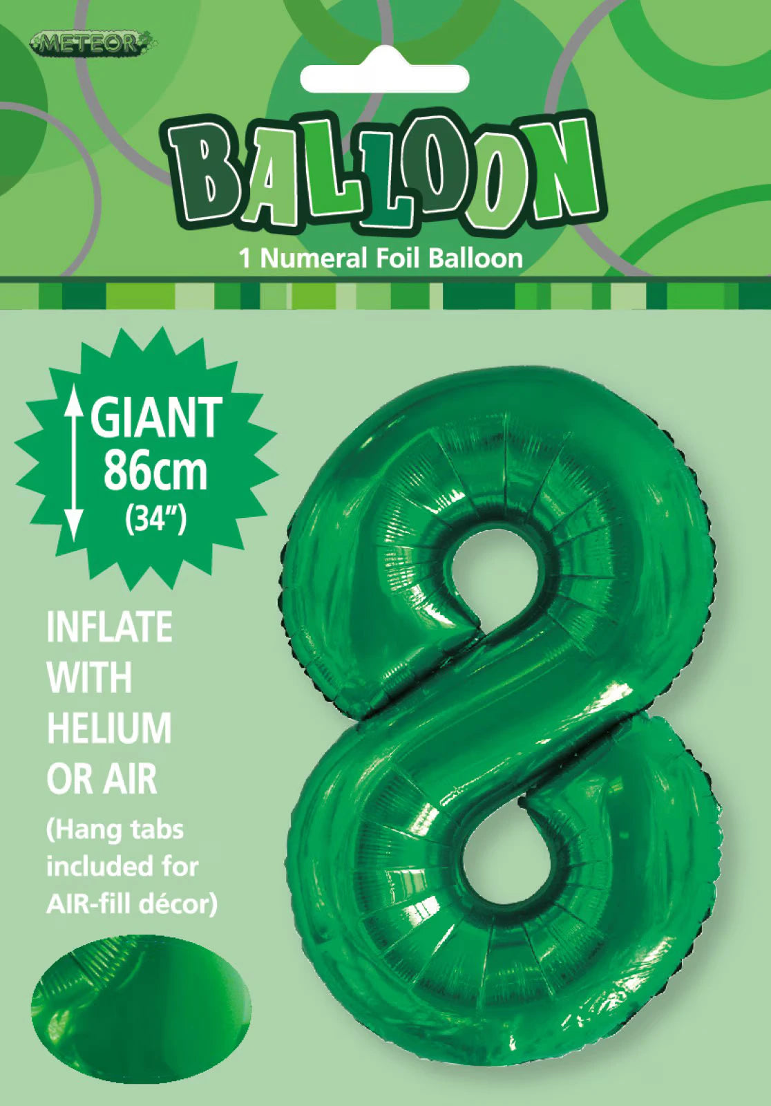 green foil number 8 shape; shiny metallic finish; packaging includes balloon with hanger tabs; large balloon size indicated as 86cm or 34 inches;