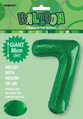 Emerald green colour; Number 7 shape; Glossy foil material; 34 inch (86cm) size; Packaged with header card;