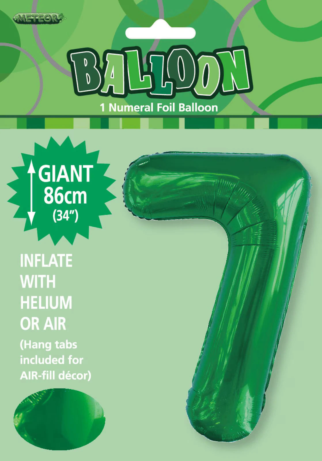 Emerald green colour; Number 7 shape; Glossy foil material; 34 inch (86cm) size; Packaged with header card;