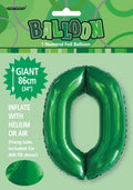 emerald green colour; number '0' shape; foil material; 34 inch (86 cm) size; packaging with green themed header;