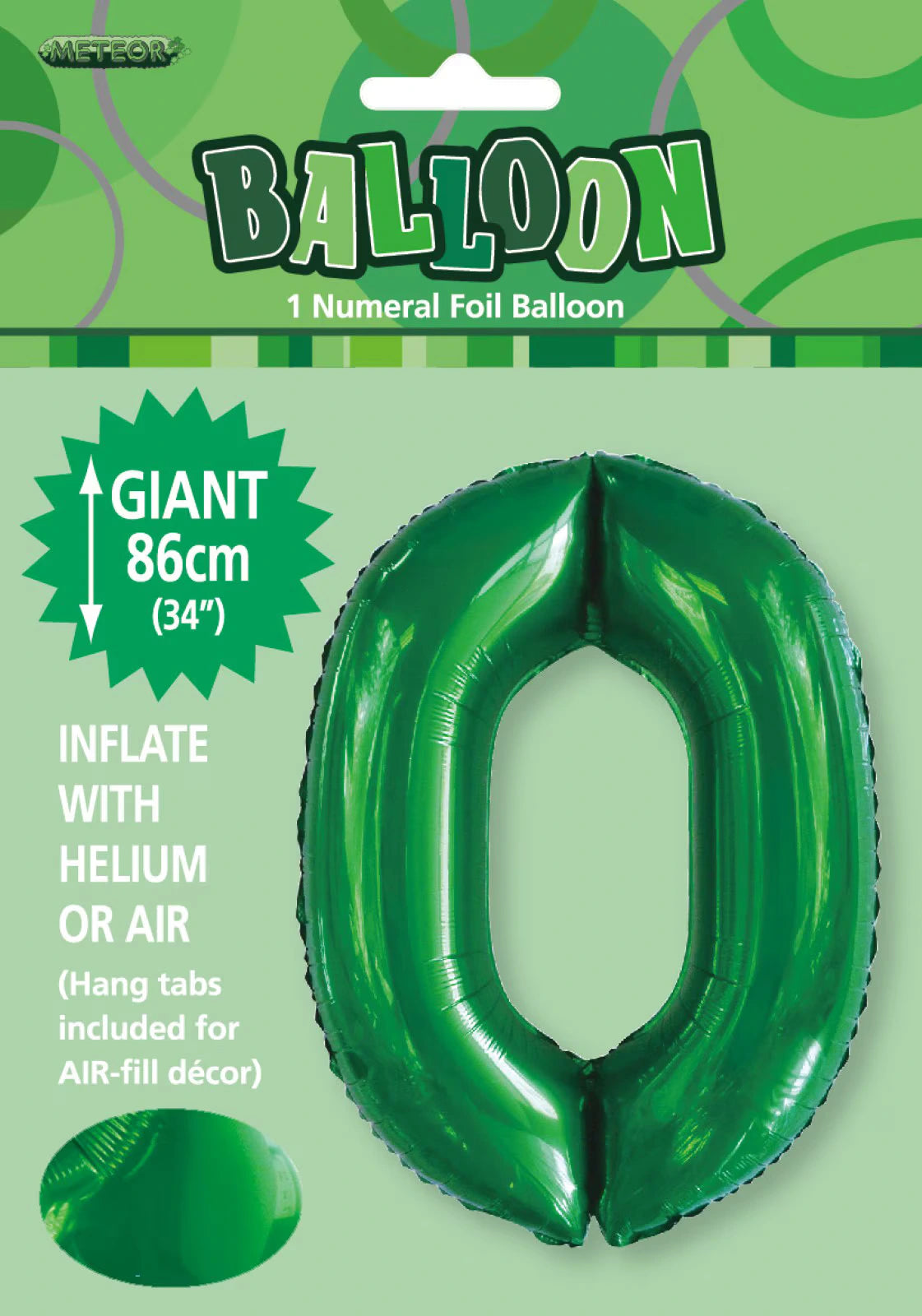 emerald green colour; number '0' shape; foil material; 34 inch (86 cm) size; packaging with green themed header;