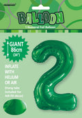 Emerald green colour; Number 2 shape; Foil material; 34 inch (86cm) size; Packaging with hang tab included;