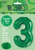 emerald green colour; foil material; number 3 shape; 34 inch (86cm) size; packaging with hang tab;