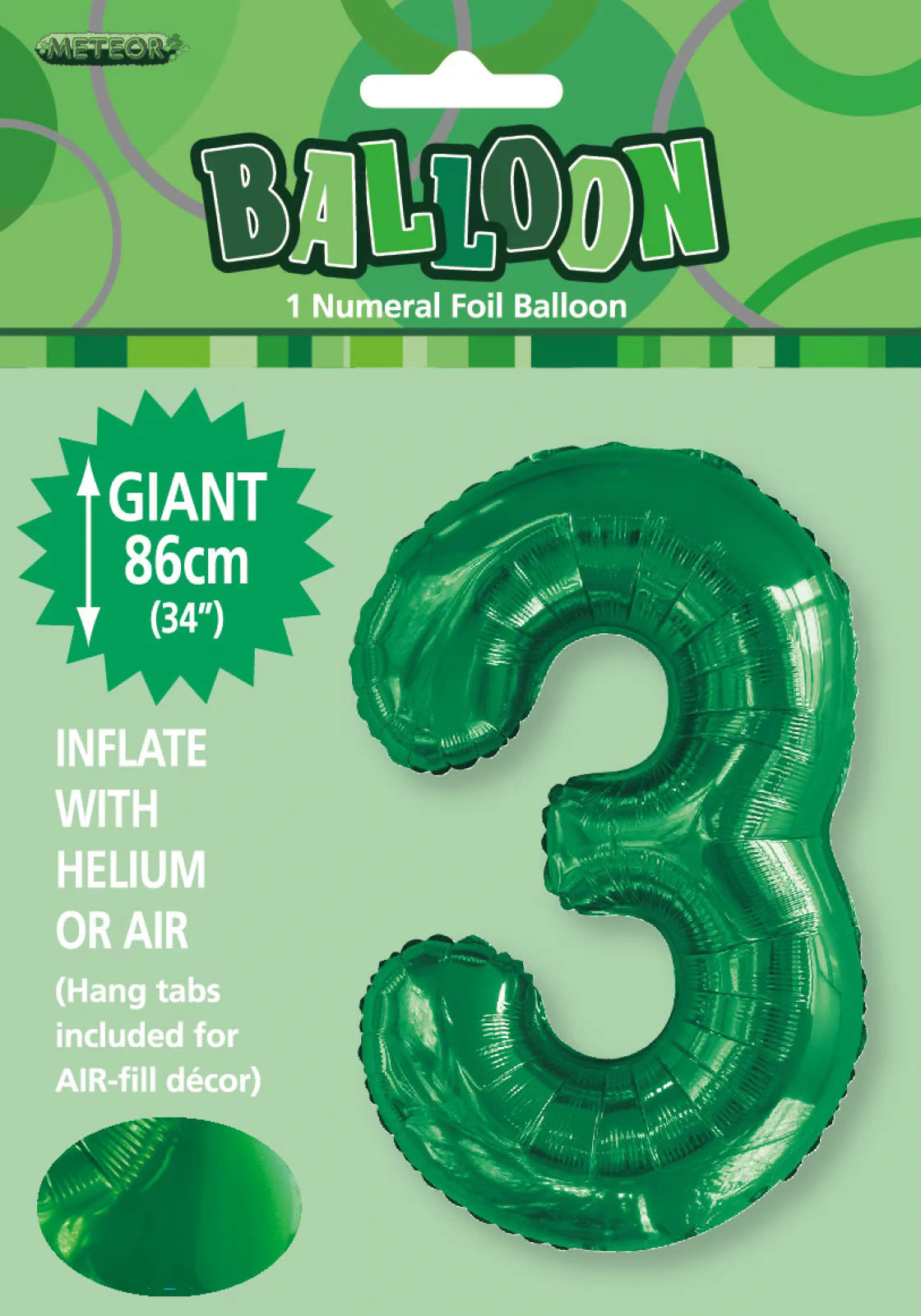 emerald green colour; foil material; number 3 shape; 34 inch (86cm) size; packaging with hang tab;