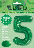 green foil balloon shaped as number 5; 34 inch (86cm) size; shiny reflective surface; packaging with Meteor branding; includes hang tabs;