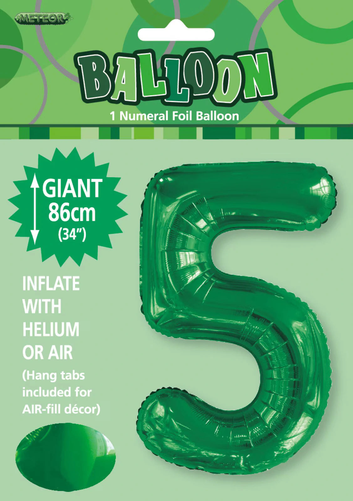 green foil balloon shaped as number 5; 34 inch (86cm) size; shiny reflective surface; packaging with Meteor branding; includes hang tabs;