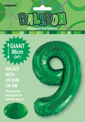 emerald green colour; foil material with shiny surface; number 9 shape; 34 inch (86cm) size; packaging with green themed design;