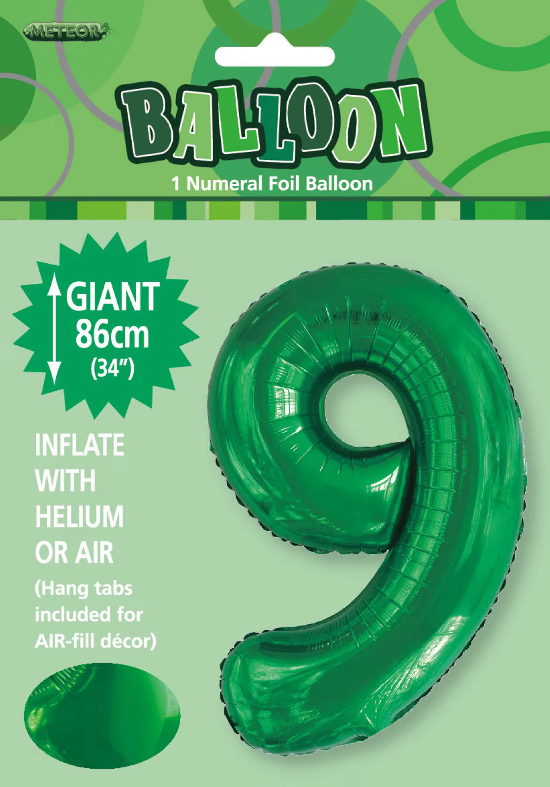 emerald green colour; foil material with shiny surface; number 9 shape; 34 inch (86cm) size; packaging with green themed design;