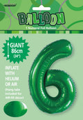 emerald green colour; foil material; number 6 shape; 86cm (34 inch) size; packaging with party themed graphics;