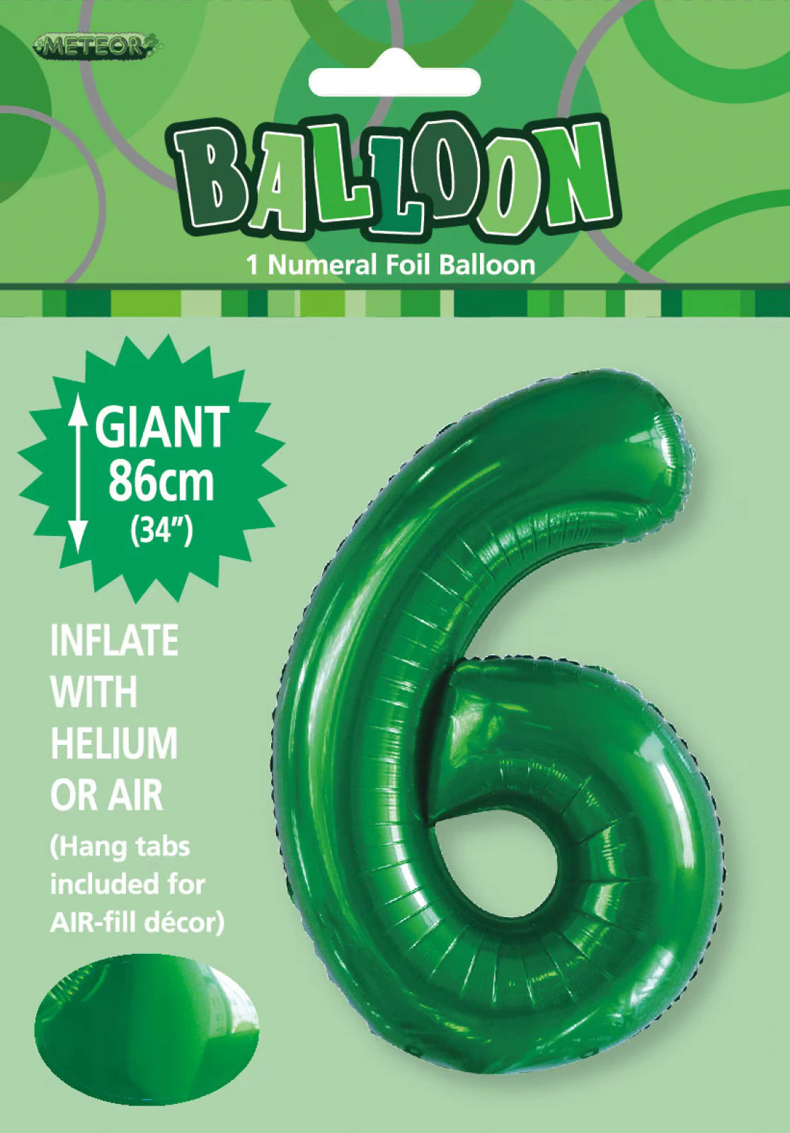 emerald green colour; foil material; number 6 shape; 86cm (34 inch) size; packaging with party themed graphics;