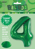 emerald green colour; number 4 shape; foil material; 34 inch (86 cm) size; packaging with hanging tab;