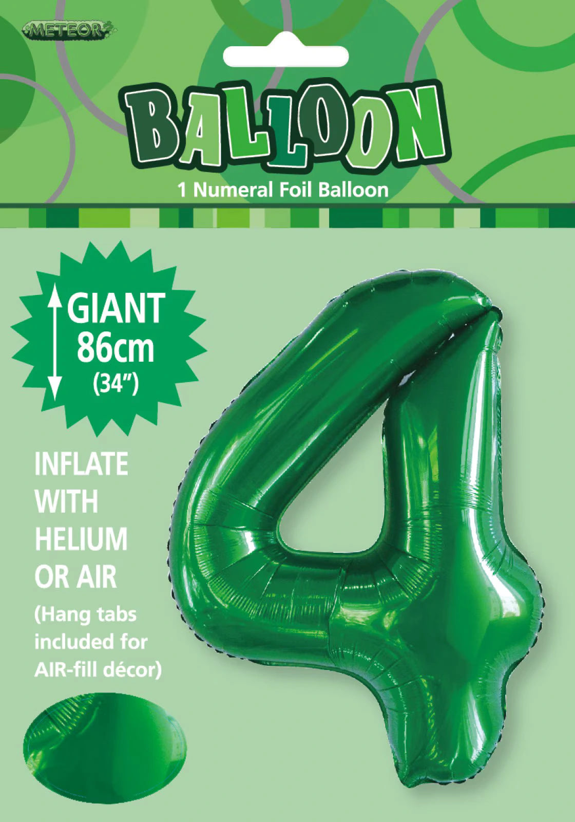 emerald green colour; number 4 shape; foil material; 34 inch (86 cm) size; packaging with hanging tab;